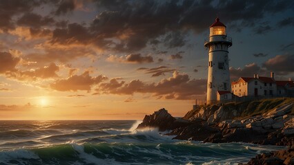 Naklejka premium Old Lighthouse by the Sea at Sunset with Waves Crashing Against the Cliffs