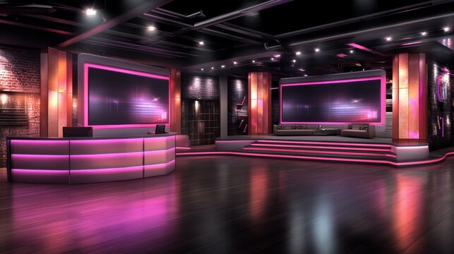 Modern TV Studio Set Design with Pink Lighting and Brick Walls