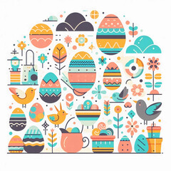 Fototapeta premium A pastel-colored illustration with decorated Easter eggs, spring flowers, and cute birds, evoking the spirit of Easter and springtime renewal