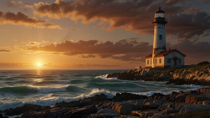 Naklejka premium Old Lighthouse by the Sea at Sunset with Waves Crashing Against the Cliffs