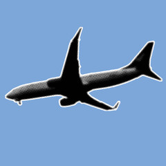 Close up of passenger airplane pixelate grayscale color halftone dotted texture style collage element isolated on blue background