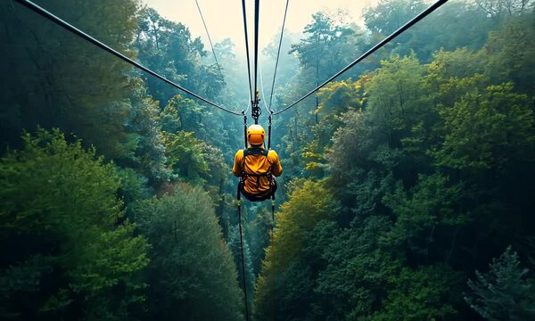 A person zip-lining through a lush green forest canopy.