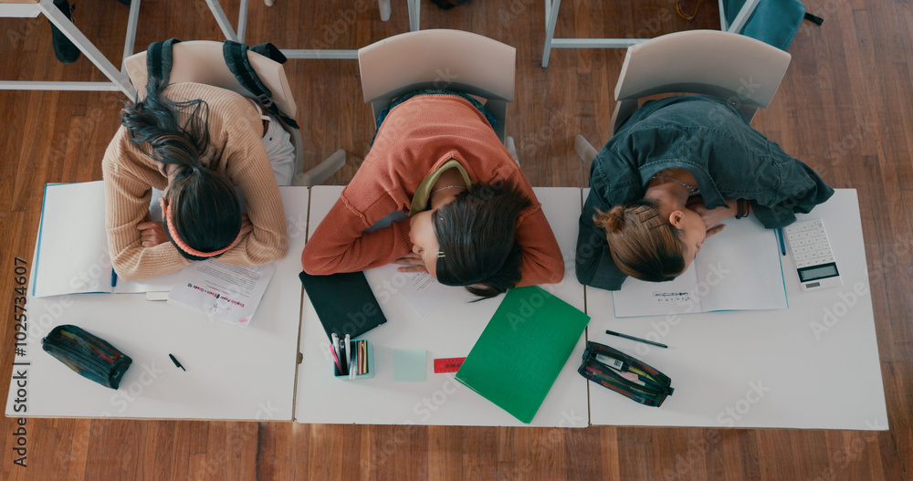 Poster tired, sleeping and students on desk in classroom at school with fatigue in lesson for learning. bur