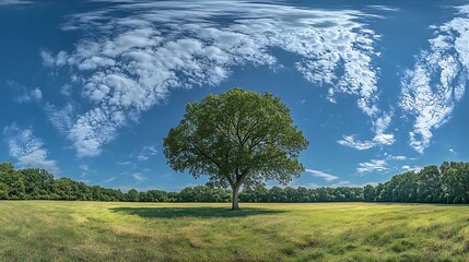 Fototapeta premium A single tree stands tall in a grassy field against a vibrant blue sky with fluffy clouds.