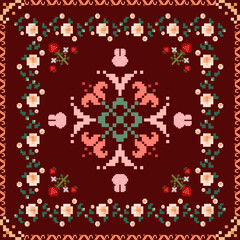Ikat pixel art cross stitch geometric abstract embroidery elements seamless pattern. Perfect geometry decorative design for fabric, tablecloth, wallpaper, ceramic, mosaic, background, texture, textile