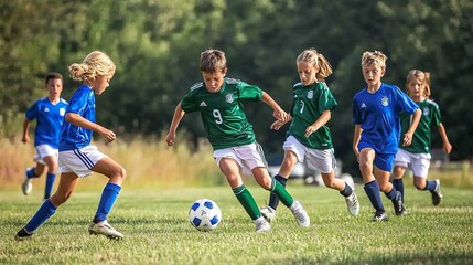 Obraz premium Energetic Youth Soccer Match: Thrilling Action on the Field