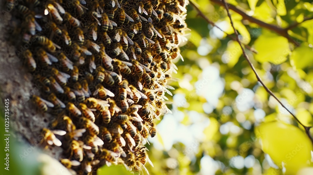 Poster a close-up of a beehive on a tree trunk with many bees clustered together.
