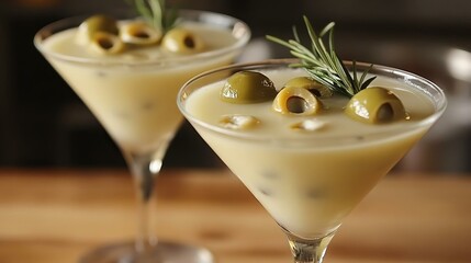 Deliciously Crafted Martini with Green Olives and Rosemary Garnish for a Refreshing Cocktail Experience