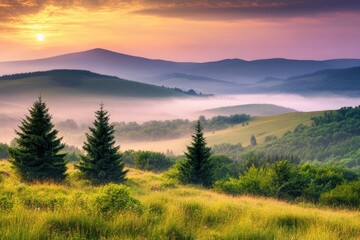 Fototapeta premium Serene sunrise misty rolling hills with evergreens