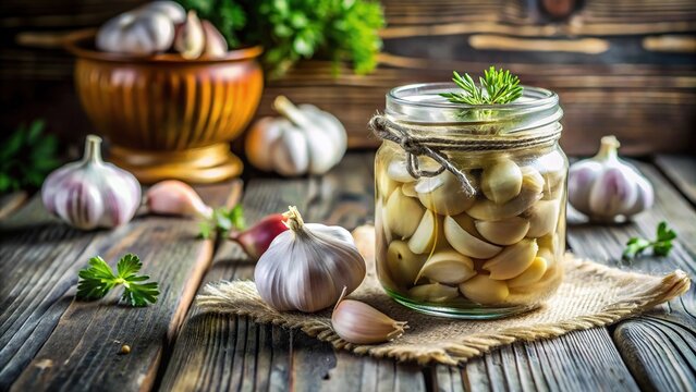 Close-up of garlic cloves being canned on the table with selective focus and fisheye lens effect