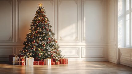 decorated christmas tree in an empty bright room, space for text
