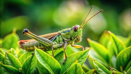 Close-up of grasshopper among green foliage in natural environment