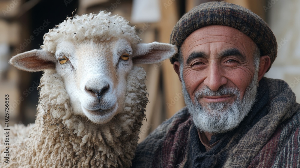 Aufkleber man and a sheep are standing next to each other. the man is smiling and the sheep is looking at him.