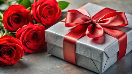 Close-up of grey present with red roses and ribbon