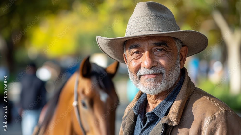 Poster man with a grey beard and a hat is standing next to a brown horse. he is smiling and he is enjoying 