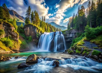 Majestic Mountain Waterfall Flowing and Splashing in Slow Motion - Nature's Beauty Captured in Stunning Detail