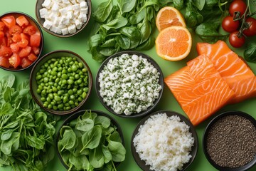 Fresh and colorful ingredients including salmon, tomatoes, spinach, peas, oranges, cheese, rice, and chia seeds on a green background.