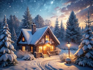 Fototapeta premium In a peaceful winter wonderland, a cozy cottage stands surrounded by delicate snowfall, radiating warmth and serenity as nature blankets the world in white.