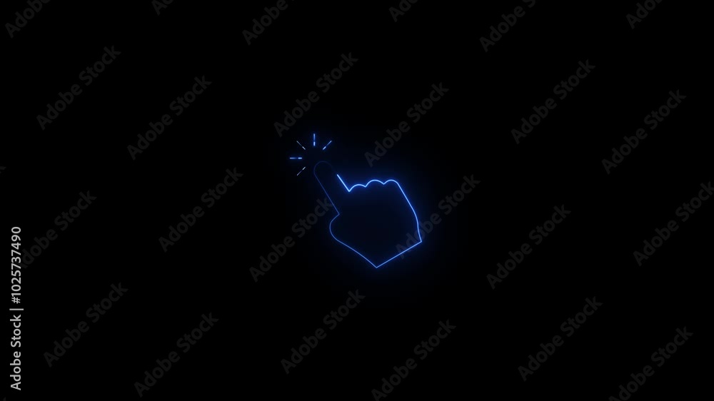 Poster animation of neon mouse pointer icon on black background.