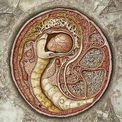 A cross-section of the uterus, showing the layers of the uterine wall and the implantation of an embryo.