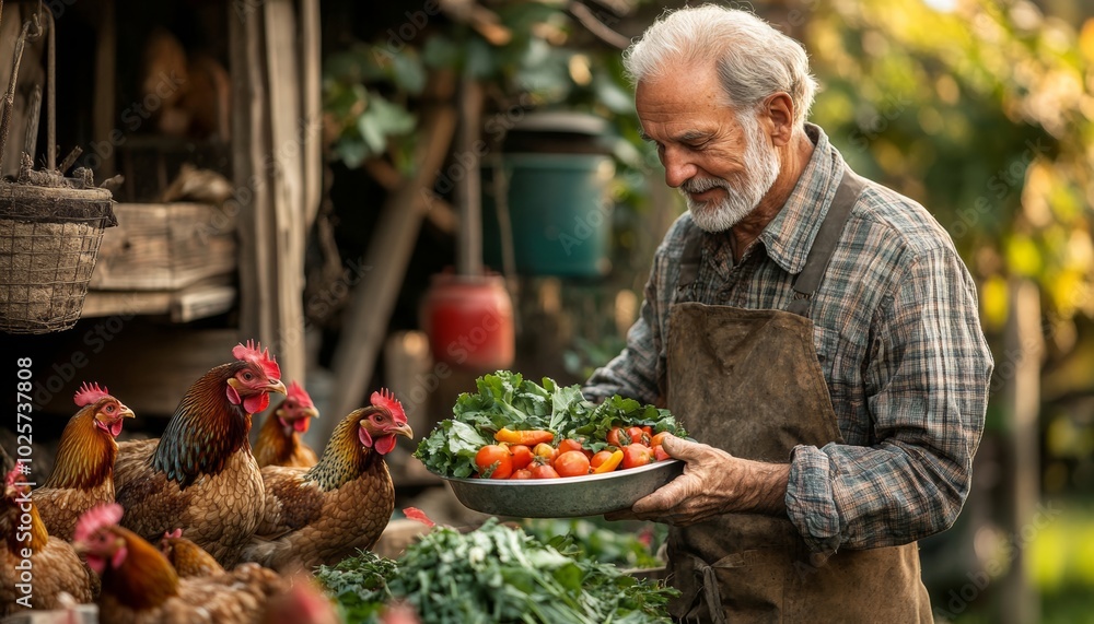 Poster man is holding a bowl of greens in front of a chicken. he is smiling and he is happy. older man feed