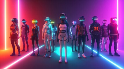 Avatars in a virtual cosplay space, each wearing digitally rendered outfits inspired by fantasy and sci-fi genres