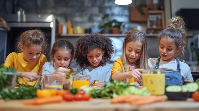 A group of children participating in a vegan cooking class, learning to make plant-based snacks like smoothies and veggie wraps
