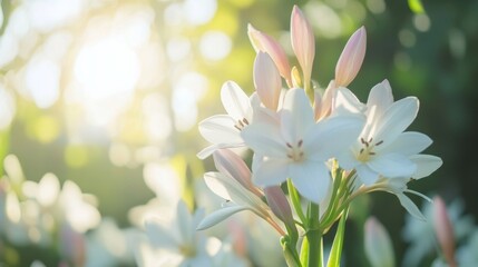 Beautiful white lilies bloom in soft morning sunlight, creating a serene and peaceful garden scene full of life. © Alex