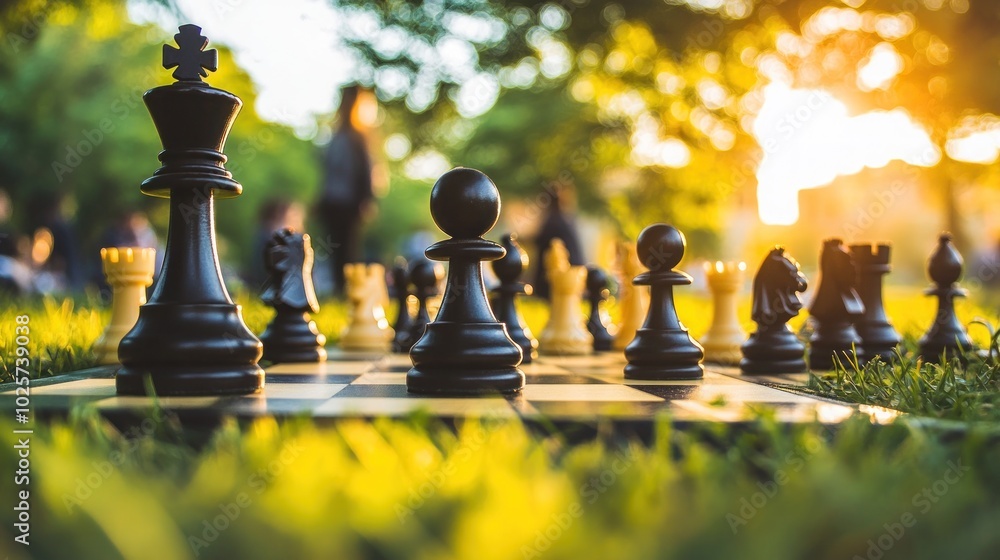 Poster a close-up shot of a chessboard set up on the grass with people playing in the background. the sun i
