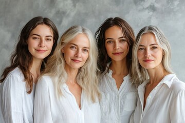 Fototapeta premium Four women in white shirts look at the camera. This photo can be used for various purposes, like beauty, fashion, or family.