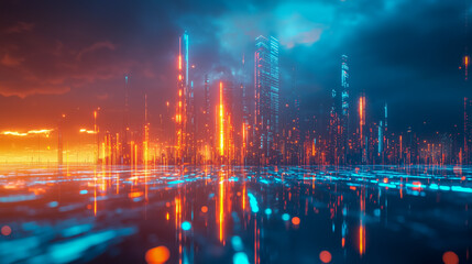 Nighttime view of a technologically advanced city with sleek, illuminated skyscrapers. Premium background for the latest technology needs