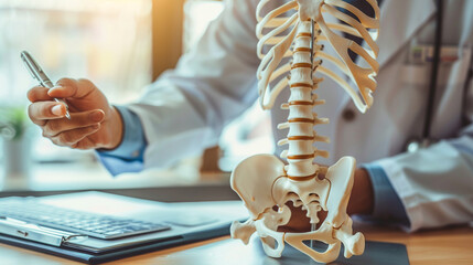 Closeup of a doctor pointing to a human spine model with a pen, emphasizing spinal healthcare and back pain treatment. Selective focus.