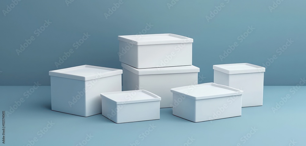 Poster set of white nested boxes in 3d vector illustration, designed for efficient space use.