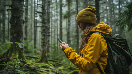 A thirty-year-old female explorer holds her phone, recording the majestic trees and the untamed beauty of the forest surrounding her.
