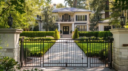 Obraz premium A View Through the Gate of a Luxurious White Mansion