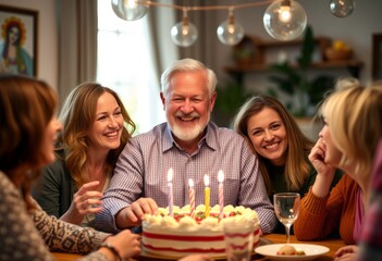 Middle aged man celebrating a birthday with friends and family h