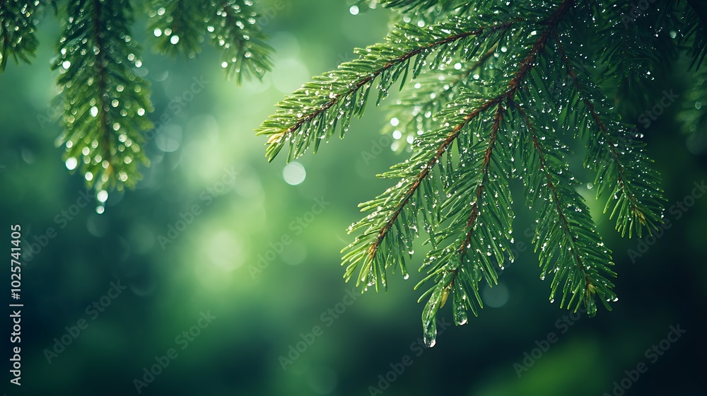 Poster close-up of a fir tree branch with raindrops.
