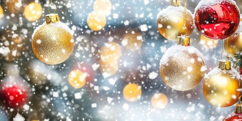 Glistening holiday baubles with snowy winter background