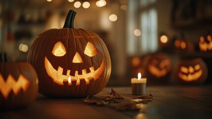 An empty scene featuring carved jack-o'-lanterns with flickering candles inside, creating an ideal product mockup space, with ample copy space for text, 