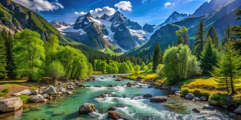 Lush greenery envelopes a stunning mountain stream, its crystal-clear waters dancing in the sunlight, forming a tranquil and picturesque landscape that captivates the senses.