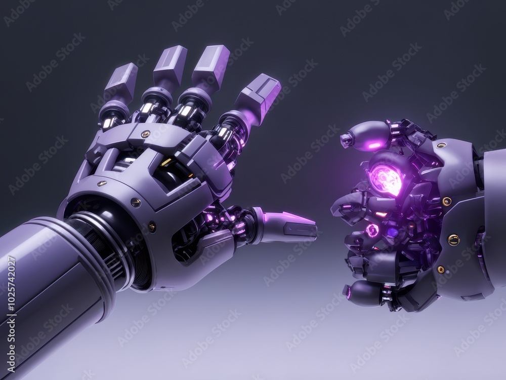 Poster two robotic hands reaching towards each other, showcasing advanced technology and design.