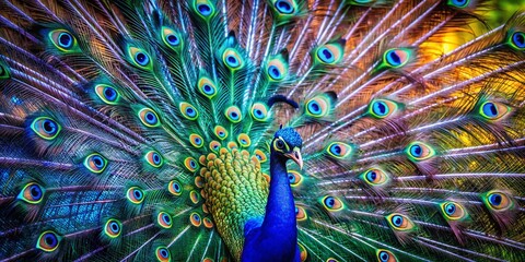 Obraz premium Majestic Peacock Spinning with Fluffed Tail in Vibrant Display of Colors and Beauty in Nature's Splendor
