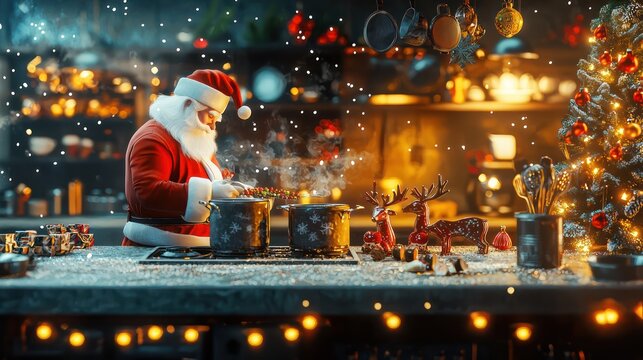 Banner for a festive culinary event showcasing chef Santa and holiday-themed decor.