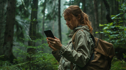 A beautiful and attractive female explorer is recording with her phone in the forest