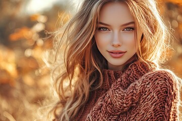 Naklejka premium Woman with long, flowing hair. This photo is perfect for websites, social media, or print projects related to beauty, fashion, or autumn.