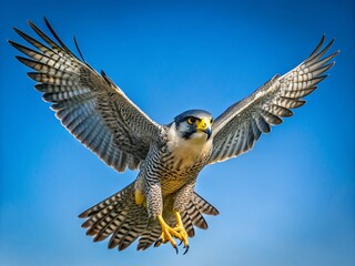 Fototapeta premium Majestic Peregrine Falcon in Flight Captured Against a Clear Blue Sky During a Sunny Day