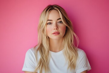 Fototapeta premium A young woman with blonde hair in a white shirt. Perfect for use in advertisements or for a blog about fashion and style.