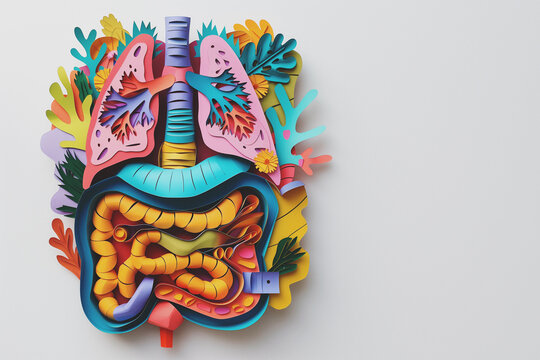 paper human digestive system and lungs, showcasing paper cut internal organs such as the stomach, liver, intestines, and lungs. banner/png/blog/craft/design/web