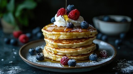 Blueberry pancakes stacked with syrup drizzling down, topped with fresh berries and a dollop of whipped cream.