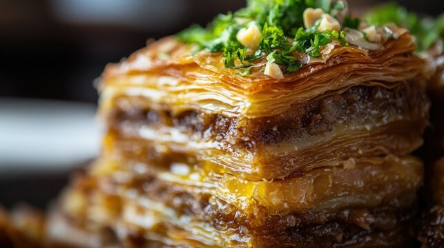 Close-up of layered Turkish baklava, revealing the crispy pastry, nuts, and syrupy sweetness inside.